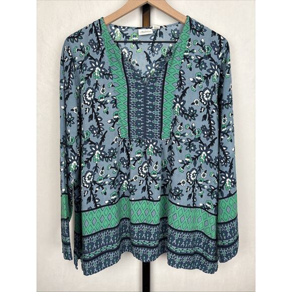 Vermont Country Store Tops - Vermont Country Store Floral Tunic Women's XL Blue Green Peasant Top Boho Artsy